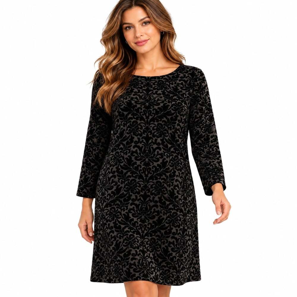 Adrienne Vittadini Black Velvet Burnout Damask Shift Dress 3/4 Sleeve Zip XL T37